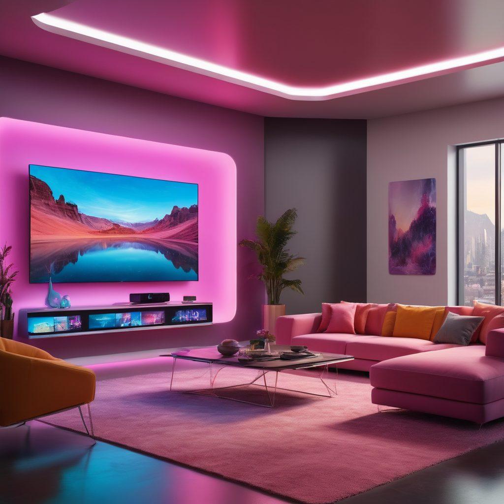 A futuristic living room setup with holographic displays showing an array of vibrant TV channels and live streaming services from MaruTV. Include a futuristic remote control and people enjoying high-quality, immersive content. Super-realistic. Vibrant colors. High-tech ambiance. 3D.