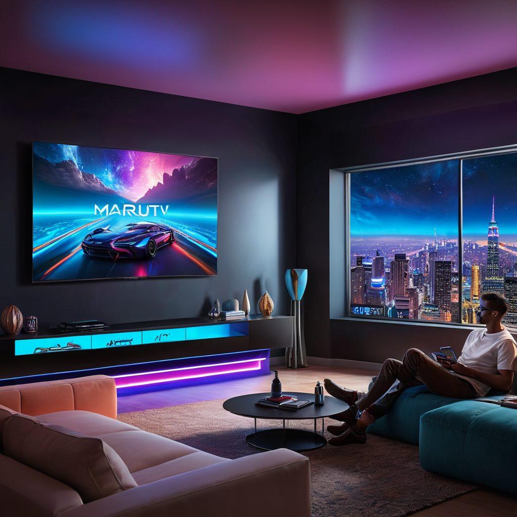 A futuristic living room with a sleek flat-screen TV displaying the MaruTV logo, people comfortably seated enjoying vivid streaming content, virtual reality devices around, ambient lighting, and a modern digital interface projecting holographic menus. super-realistic. vibrant colors. futuristic style.