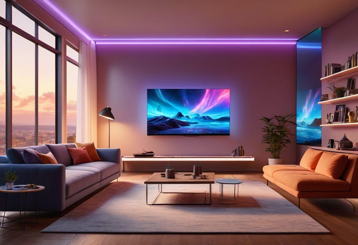 A futuristic living room with a sleek, wall-mounted smart TV displaying hyper-realistic streaming content and live broadcasts. The TV emits holographic light waves illustrating advanced technology. Modern, cozy furniture surrounds the space, and a family is excitedly interacting with the TV. super-realistic. vibrant colors. futuristic. warm lighting.